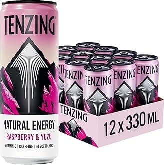 – TENZING Natural Energy Drink, Plant Based, Vegan, & Gluten Free Drink, Raspberry & Yuzu, 330ml (Pack of 12)