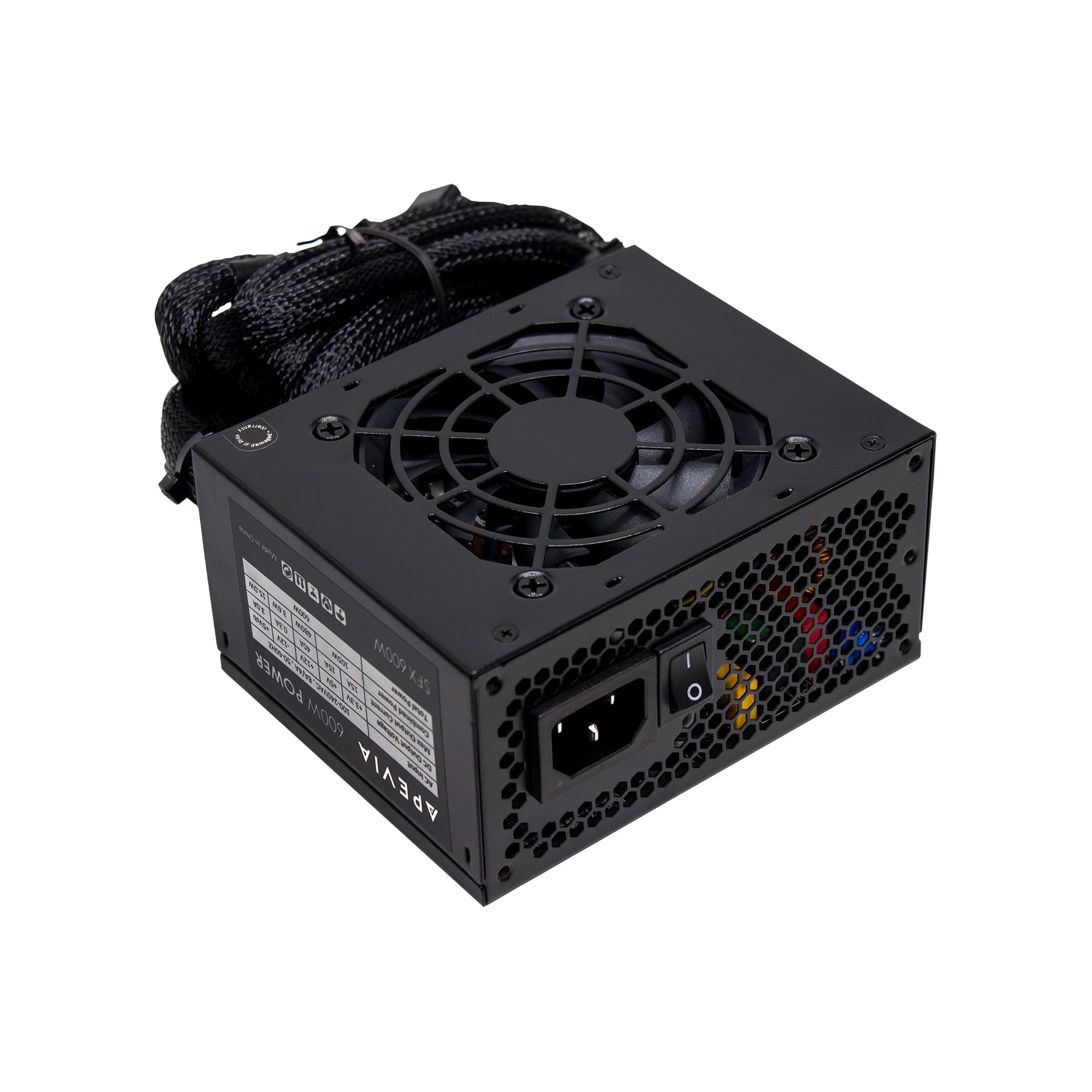 Apevia SFX-PFC600W SFX PFC 600W / Micro-ATX, Fixed Cables, Full Range Active PFC 90-264V, Low Noise Desktop Gaming Server SFX Form Factor Computer Power Supply