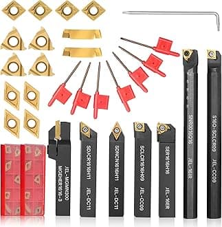 Indexable Lathe Turning Tool 21Pcs Kit 5/8'' 16mm Shank 7 Pcs Metal Lathe Tool Holder Set for Turning Grooving Threading Boring with 14 Pcs Carbide Inserts Turning Inserts Carbide Turning Tool