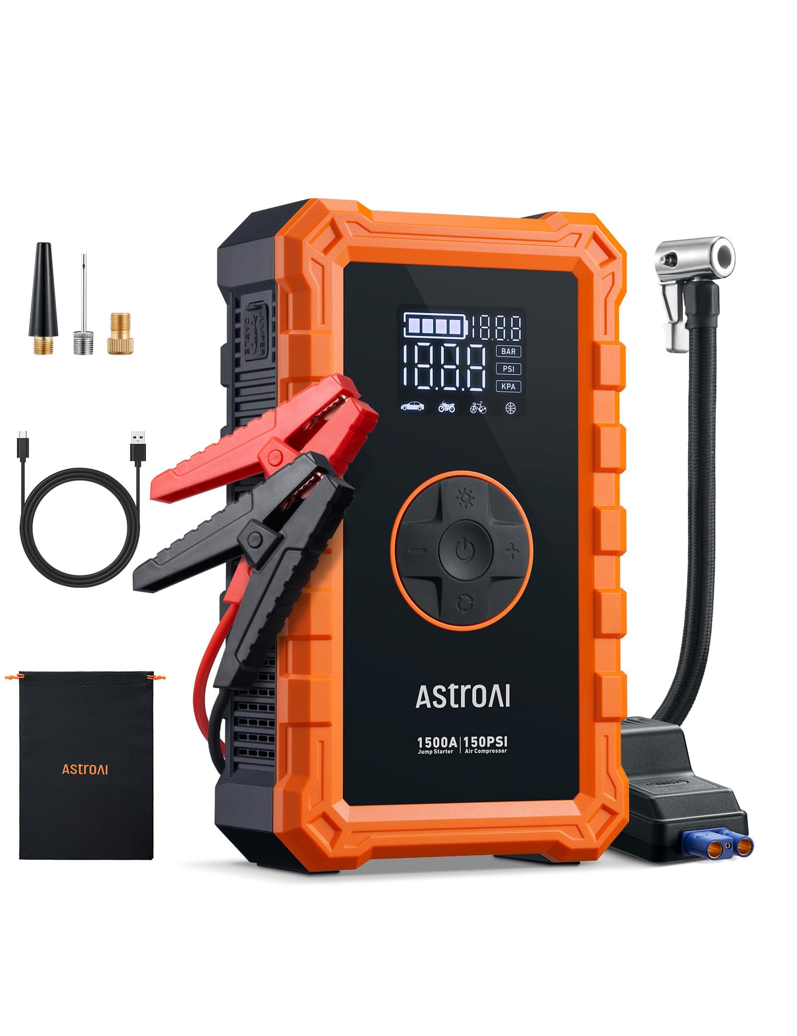AstroAI Jump Starter Power Pack with Air Compressor, 12V (6.0L Petrol/3.0L Diesel) Portable Car Battery Booster Jump Starter and 150PSI Tyre inflator Power Pack with Emergency Light, LED Display