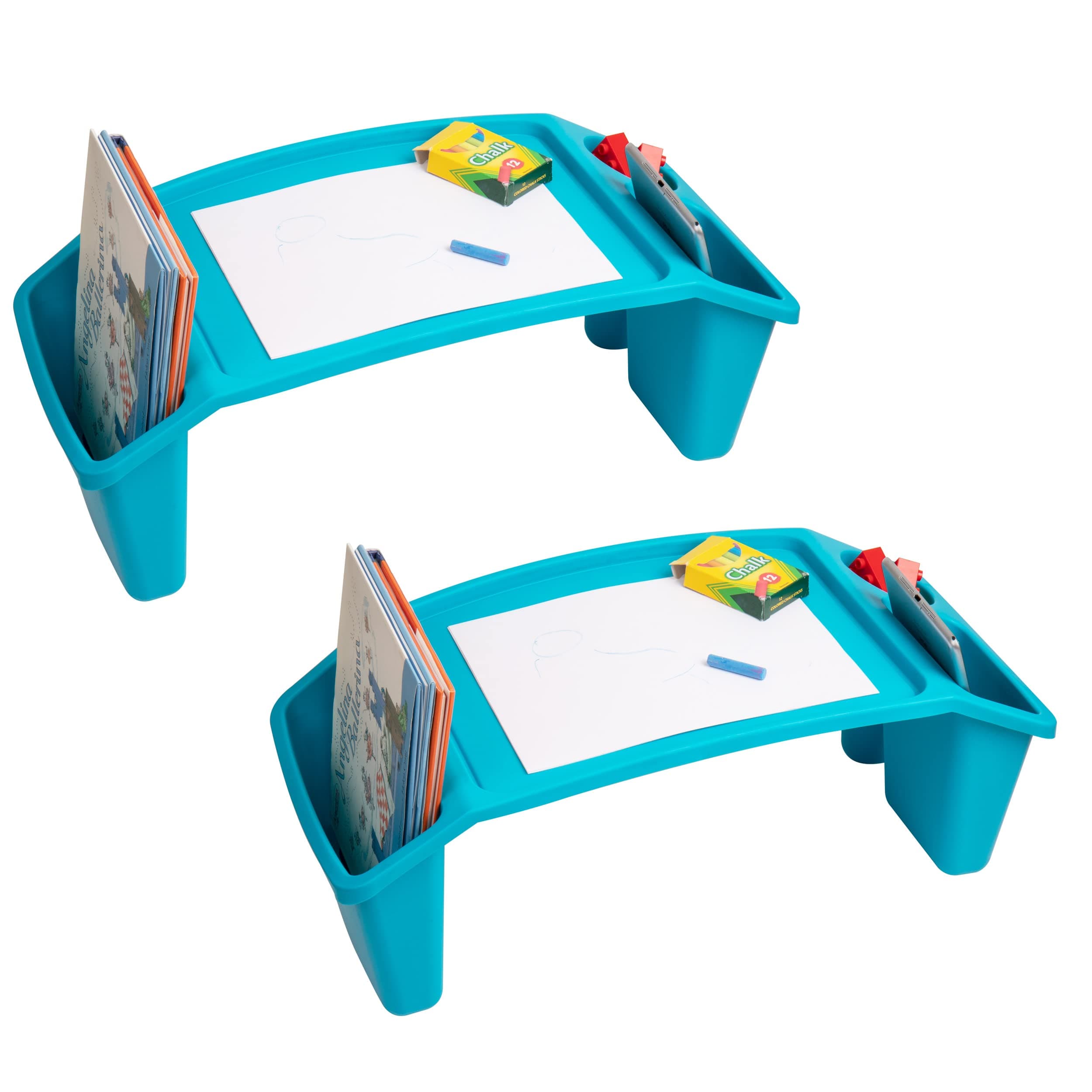 Mind Reader Kids Lap Desk, Portable Activity Tray with Side Storage, Stackable Plastic Desk for Drawing, Snacks, Study, Set of 2, Blue