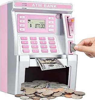 Pink Piggy Bank for Kids, ATM Machine Bank for Real Money with Debit Card, Bill Feeder, Coin Recognition, Balance Calculator, Electronic Savings Safe Box, Gifts for Teen Boy Girl