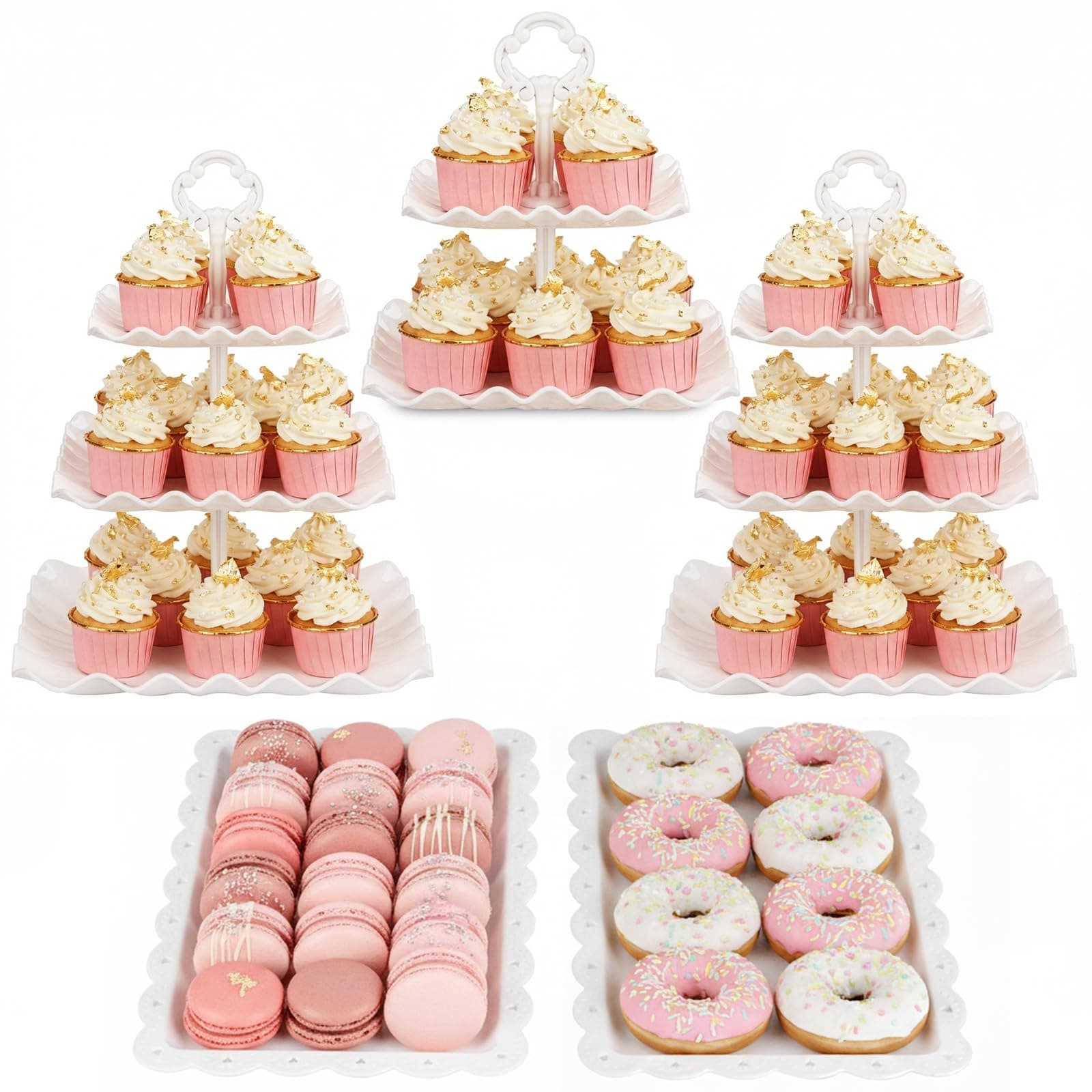 NWK 5 Piece Cake Stand Set with 2 x 3-Tier Cupcake Stands, 1 x2-Tier Cupcake Stands, 2 x Appetizer Trays, for Wedding Birthday Baby Shower Tea Party Decorations (White)
