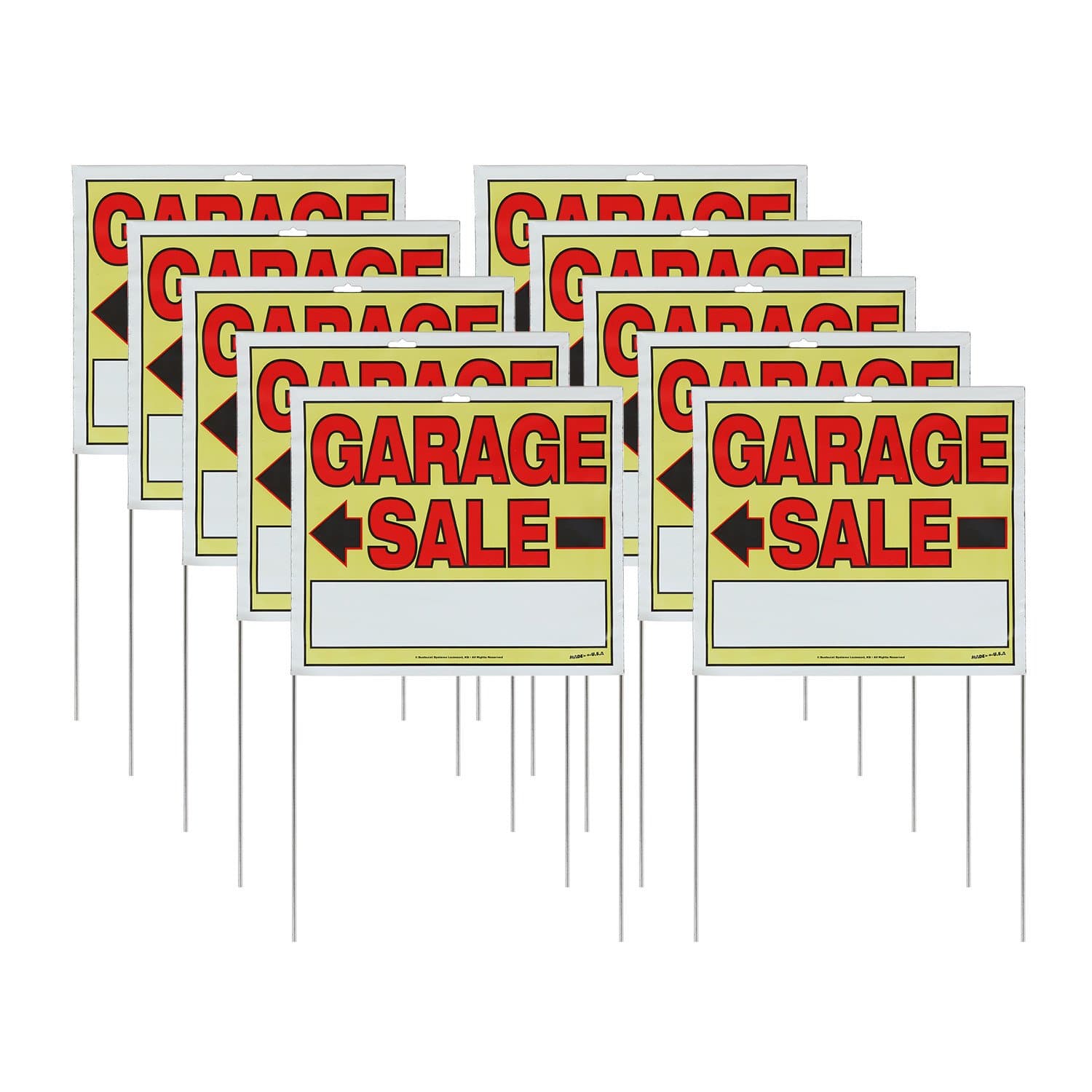 Sunburst Systems 22" H x 14" W Double-sided Garage Sale Signs with Wire U-Stakes, 10 Pack