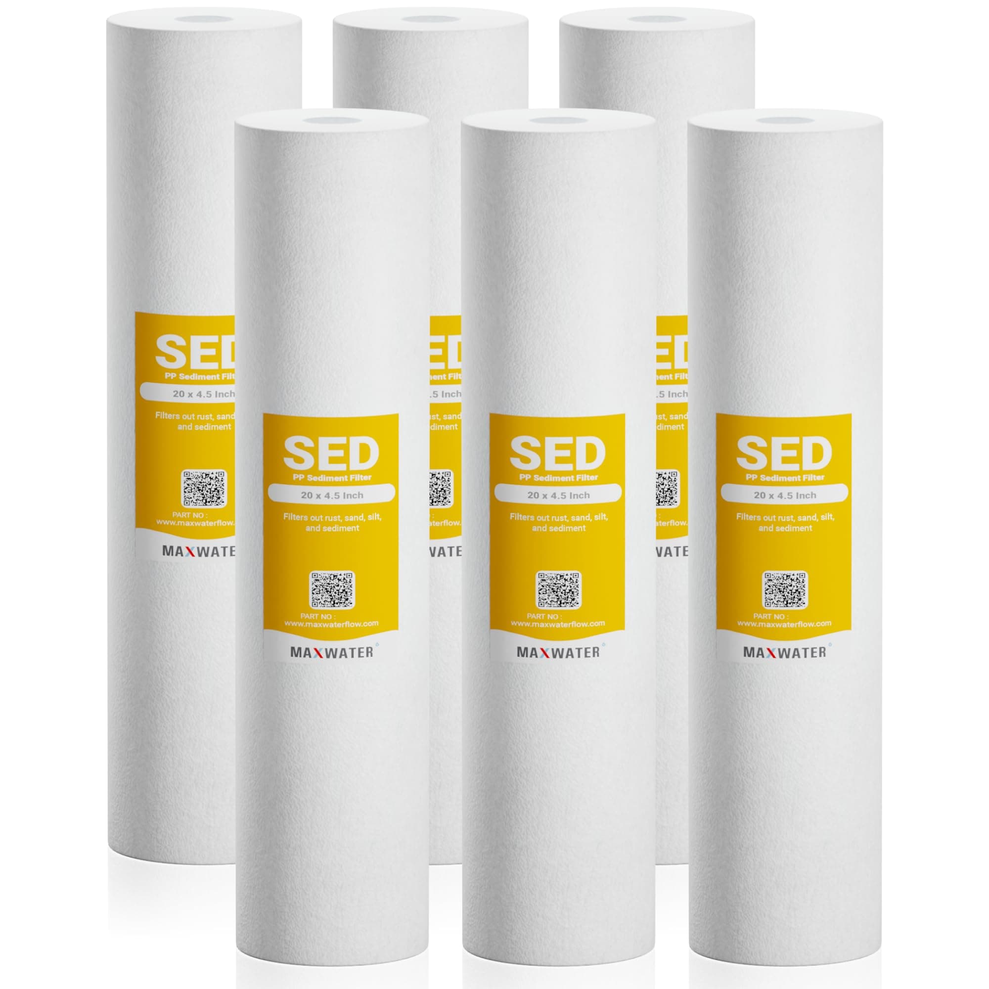 Max Water 5 Micron 20 x 4.5 Sediment Filter 20 inch Whole House BB Water Filteration System Replacement Compatible Cartridge DGD-5005-20, FP25B, AP810-6, FPMB5-20, P5-20, 155358-43, 6 Pack
