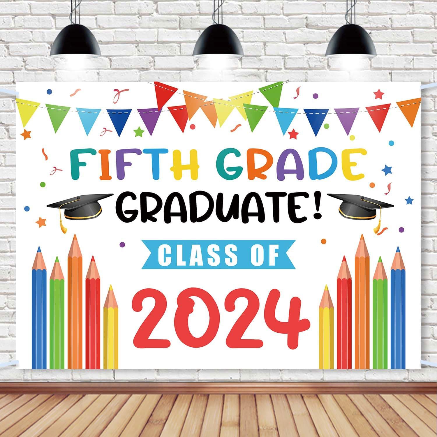 Backdrop 5th Grade Graduation Photo Backdrop, 45.3’’ x 70.8’’ Fifth Grade Graduate Class of 2024 Photo Booth Props Background, Kids Classroom Banner 5th Grade Graduation Party Decorations 2024