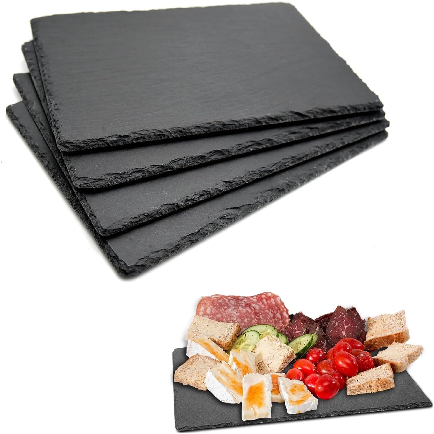 Benting 12 x 8 In 4 Pack Slate Cheese Boards, Black Stone Plates Charcuterie Boards Gourmet Serving Tray Cheese Platter Display Chalkboard for Sushi, Party, Gift, Meat, Appetizer