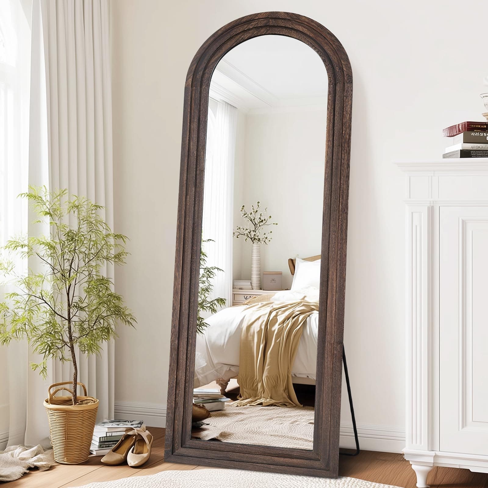 65"x22" Arched Floor Mirror, Solid Wood Full Length Mirror - Free Standing & Wall Mounted - Elegant Design for Bedroom, Dressing Room, Hallway, Brown