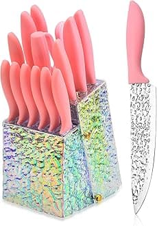Kitchen Knife Set Non Stick Knives with Storage Serrated Steak Knife, Chef Knife, Bread Knife, Scissors, Sharpener, 15Pcs Sharp Cutlery Block Sets for Home & Pro Use Pink Handle Stainless Steel Blade