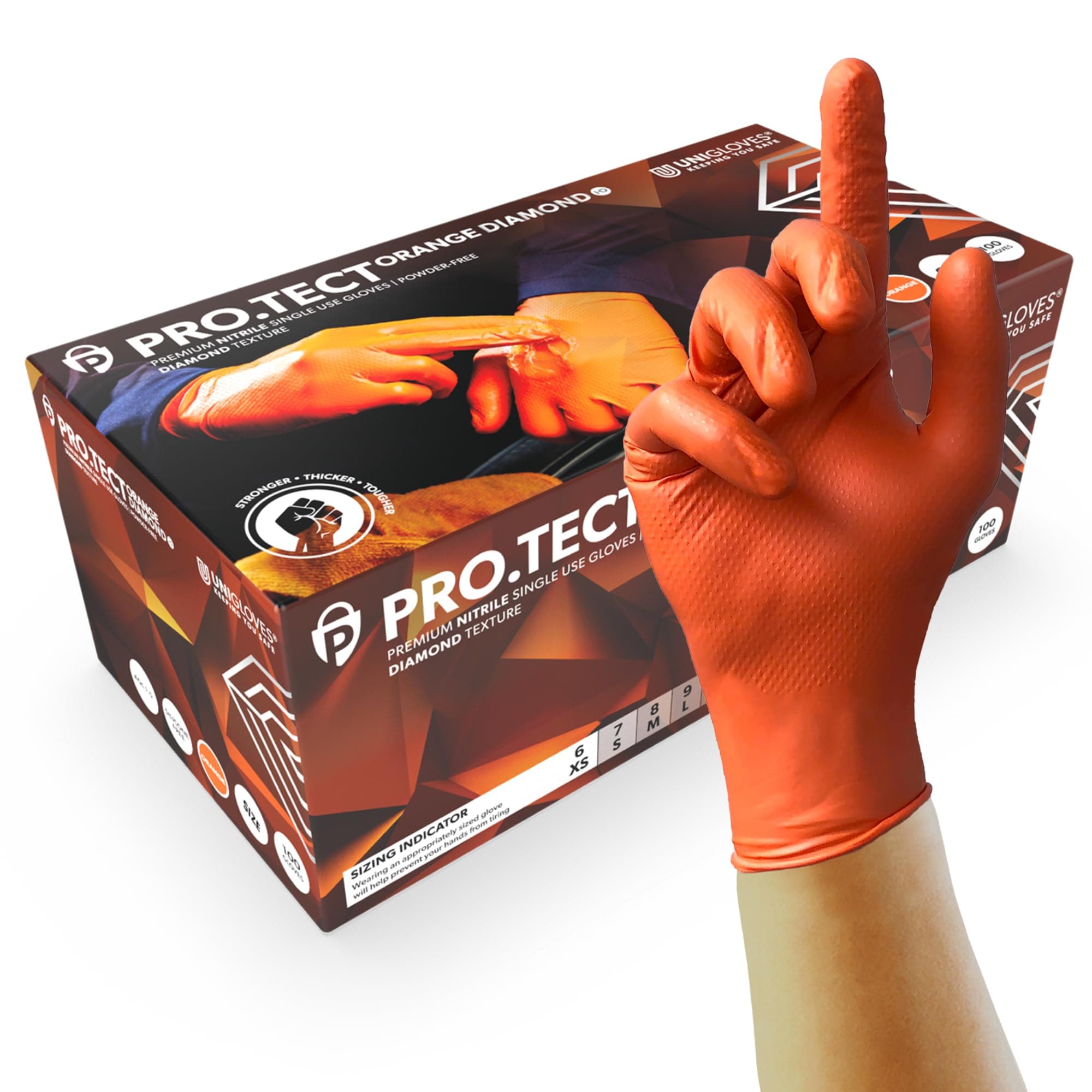 Unigloves PRO.TECT Orange HD GA0054 Nitrile Single Use - Ultra Heavyweight, Multipurpose Powder Free, Silicone Free Disposable Gloves, Box of 100 Gloves, Orange, Large