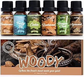 Woody Essential Oil Set, 6 Pure Wood Scents - Frankincense, Cedar, Sandalwood, Agarwood, Frosty Fir, Bamboo & Teak Essential Oils for Diffusers, Humidifiers, Cleaning, DIY Soaps & Candles