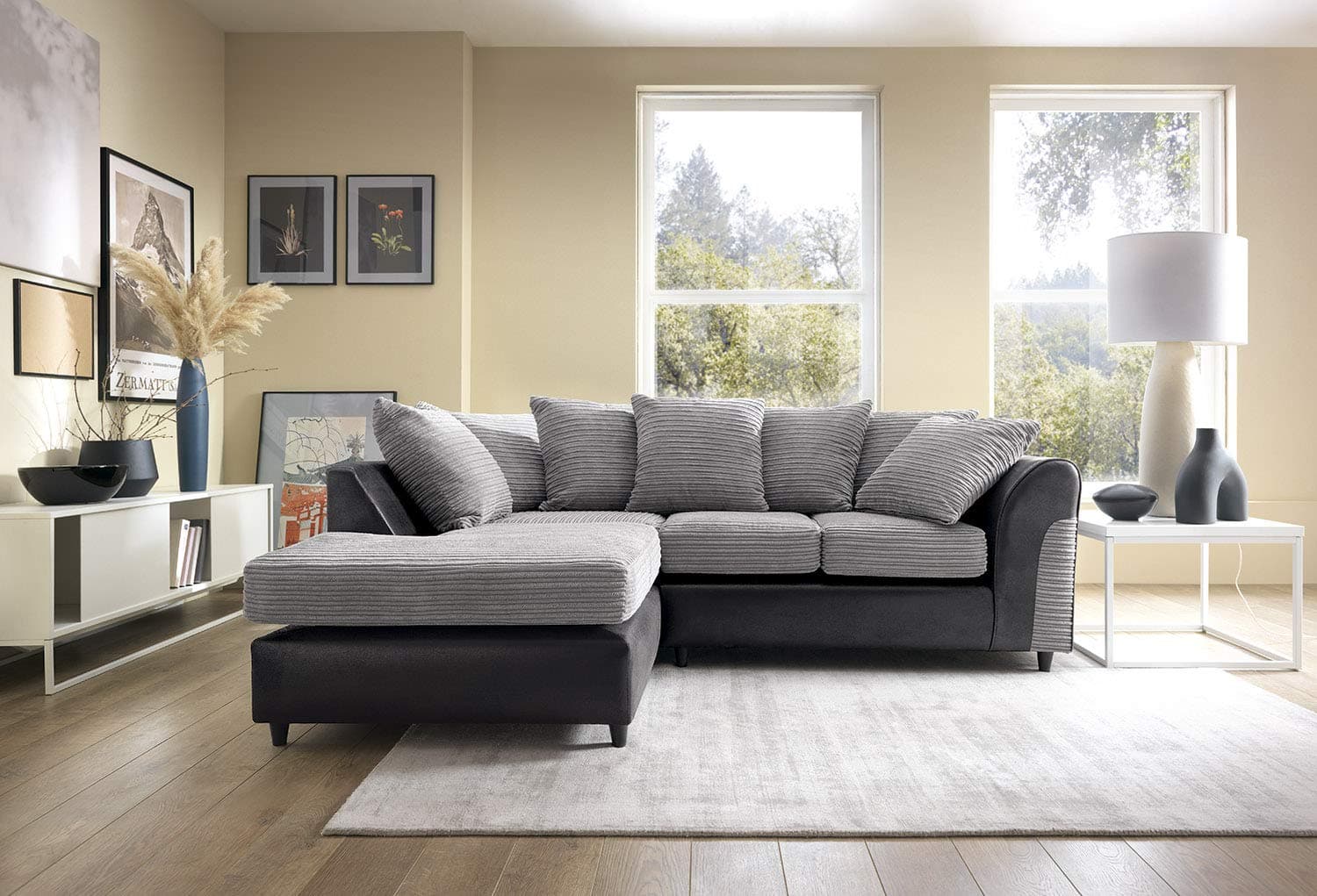 Abakus Direct Harvey Jumbo Cord Corner Group Sofa Right and Left in Grey and Black Fabric (Black Left)