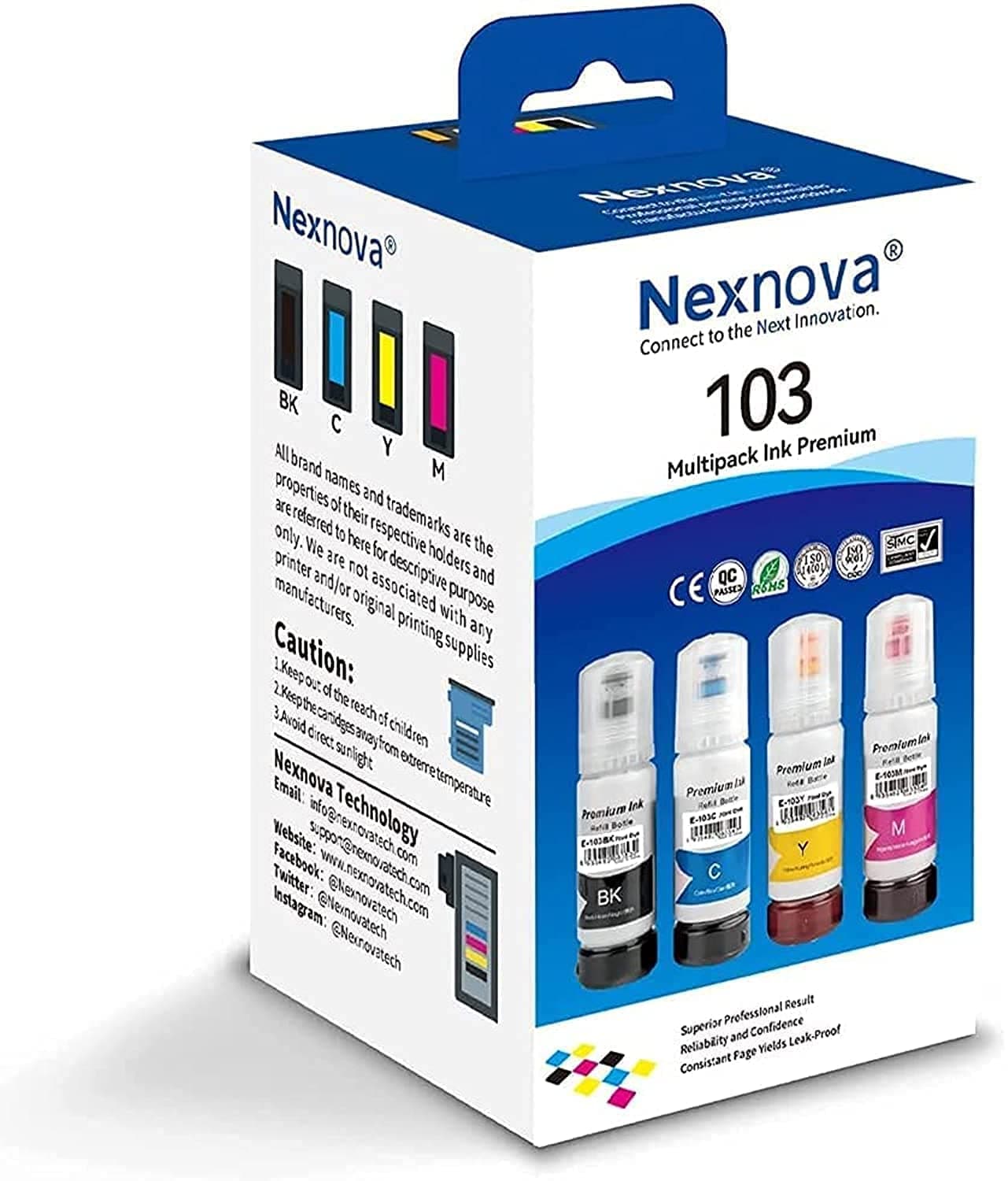 NexNova® Ink 103 for EcoTank for EPSON Combo Set 4-Pack Black Cyan Magenta Yellow for L1110‎ L3110 L3111 L3150 L3151‎ L3156 L3160 L5190‎
