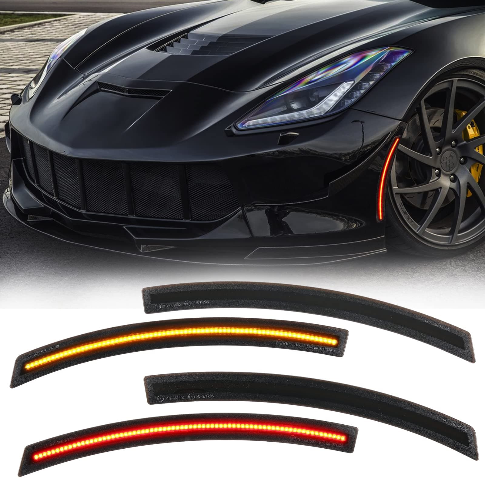 AUXMART Front and Rear LED Side Marker Light fit for Chevy Corvette C7 2014-2019 Smoked Lens Red and Amber Light 4Pcs