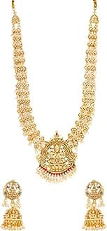 Women's Temple Traditional Gold Plated Hanging Pearls Choker Necklace Set