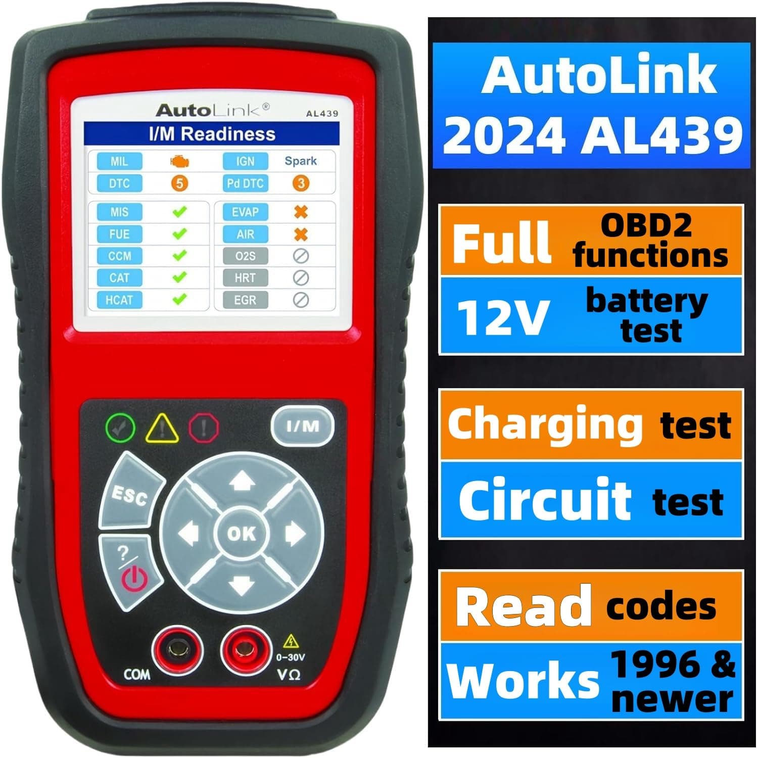 Autel AutoLink AL439 OBD2 Scanner, 2024 OBD2/EOBD Code Reader & Electrical Testing Diagnostic Scan Tool, I/M Readiness, Reads & Clears Codes, Live Data, Work on 1996 & newer for DIYers Professionals