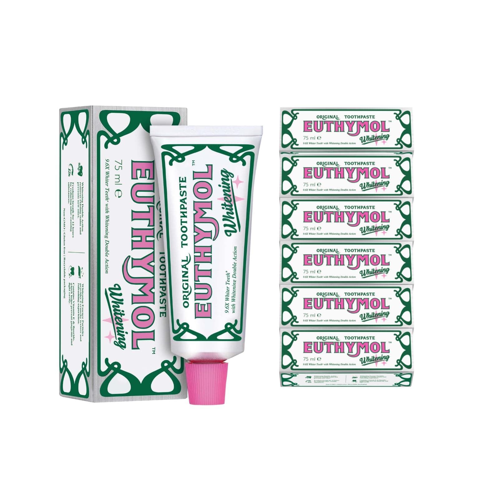 Whitening Toothpaste 75 ml x 6, Toothpaste GMO Free Gluten Free Vitamin E, Plaque Removal, Antibacterial Toothpaste, White Clean Healthy Teeth, Refreshes Dental Care, Cleanliness Gums