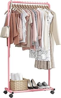 Clothes Rack - Clothing Rack with Storage Mesh Shelf & Casters, Heavy-Duty Metal Clothing Rack for Hanging Clothes, Dresses, Coats, Large Load Capacity, Easy Assembly, Pink, 28.0"x16.9"x59.0"