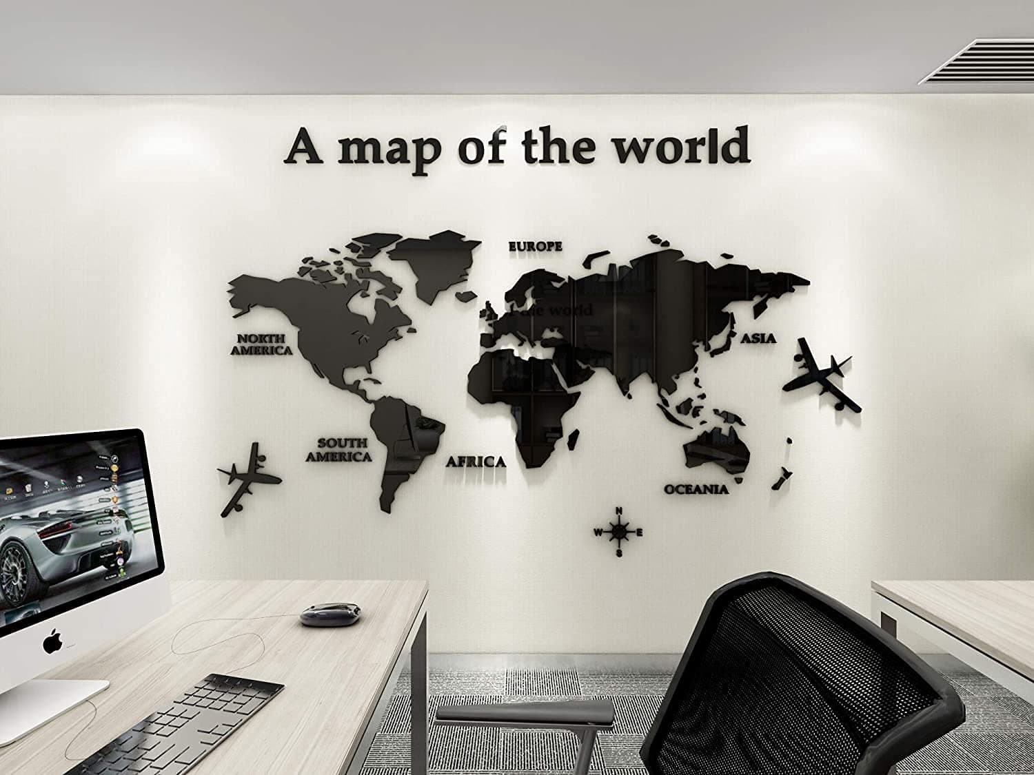 PYXZQW 3D World Map Wall Acrylic material, Creative DIY World Map Modern Home Wall Sculpture for Home Wall Arts Modern Decor,Black,230 * 120cm