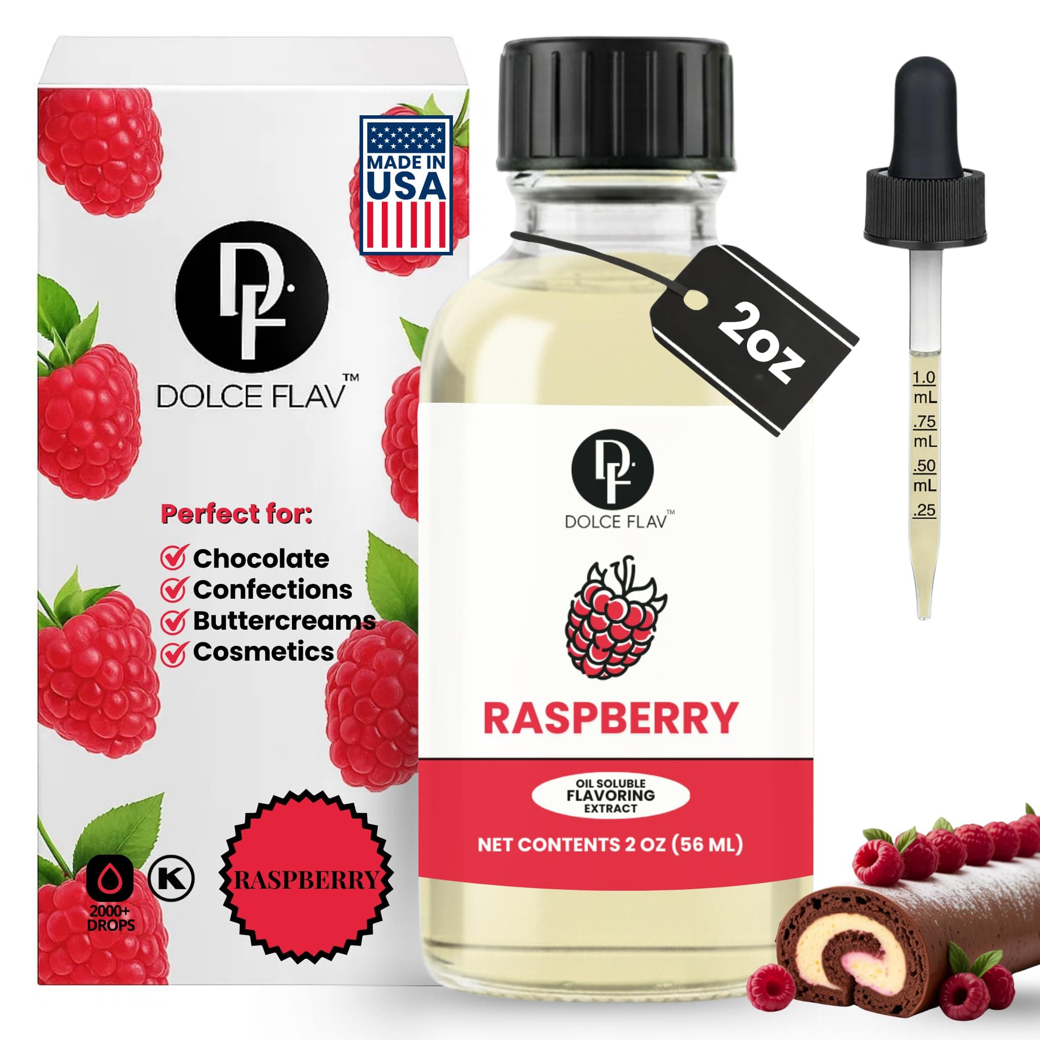 Dolce Flav Raspberry Extract – 2 Ounce Oil-Soluble Kosher, Sugar-Free, Concentrated Raspberry Flavoring for Chocolates, Candies & Baking, Includes Measured Dropper