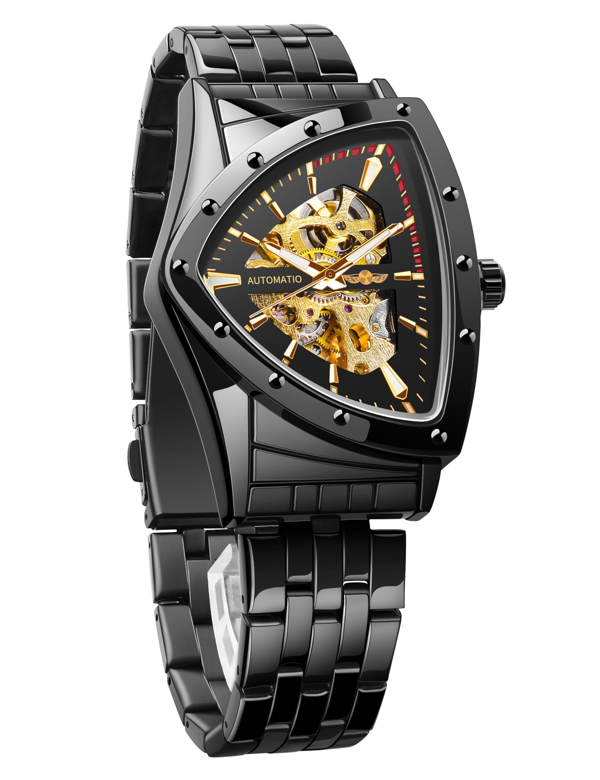 Triangular Gold Shield Automatic Mechanical Watch, Oversized Dial Fully Hollowed Out Dial Design, Automatic Movement, 20MM Wide Stainless-Steel Strap, Strong and Durable