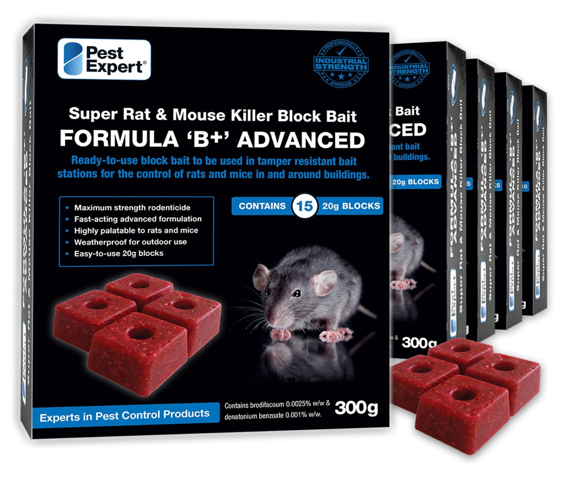 Pest Expert Formula B+ Advanced Rat & Mouse Killer Poison Bait Blocks 1.5kg (5 x 300g) - Rat Poisoning Super Strength, Single Feed Brodifacoum