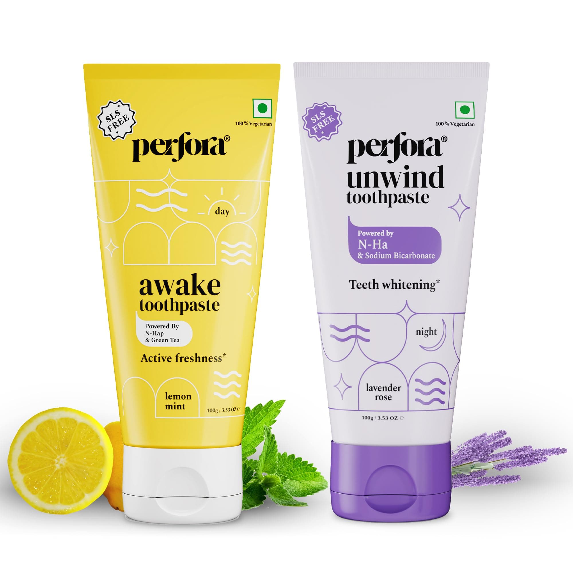 Perfora Daily Routine Oral Care Combo: Awake & Unwind Toothpaste For Active Freshness, Cavity Prevention & Teeth Whitening | Fluoride & SLS Free Tooth paste For Adults & Kids | 200 g (100 g x 2)