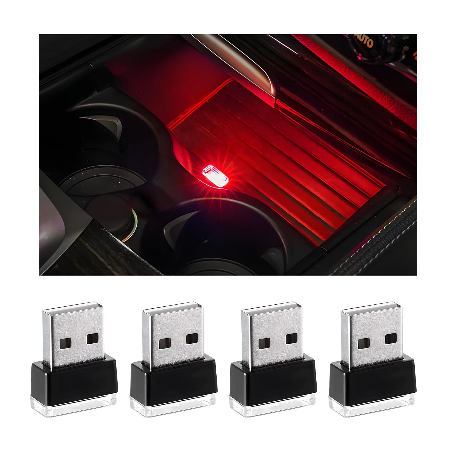 4 PCS USB LED Car Interior Atmosphere Lamp, Plug-in USB Interface Trunk Ambient Lighting Kit, Night Led Decoration Mini USB Light, Universal Interior Car Accessories (Red)