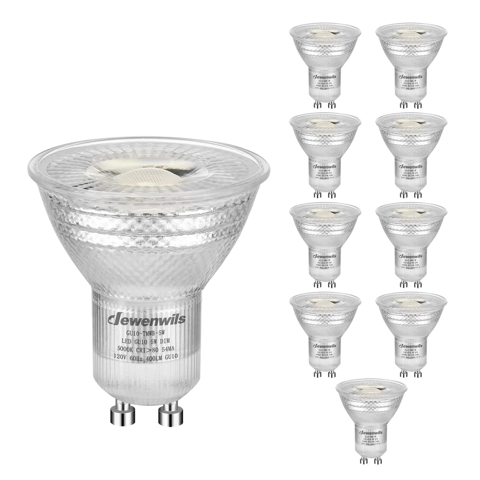 DEWENWILS 10-Pack GU10 LED Dimmable Bulb, 400LM, 5000K Daylight Track Lighting Bulb, 5W(50W Halogen Equivalent) LED Light Bulb, Glass-Like Pattern, 40°Beam Angle, UL Listed