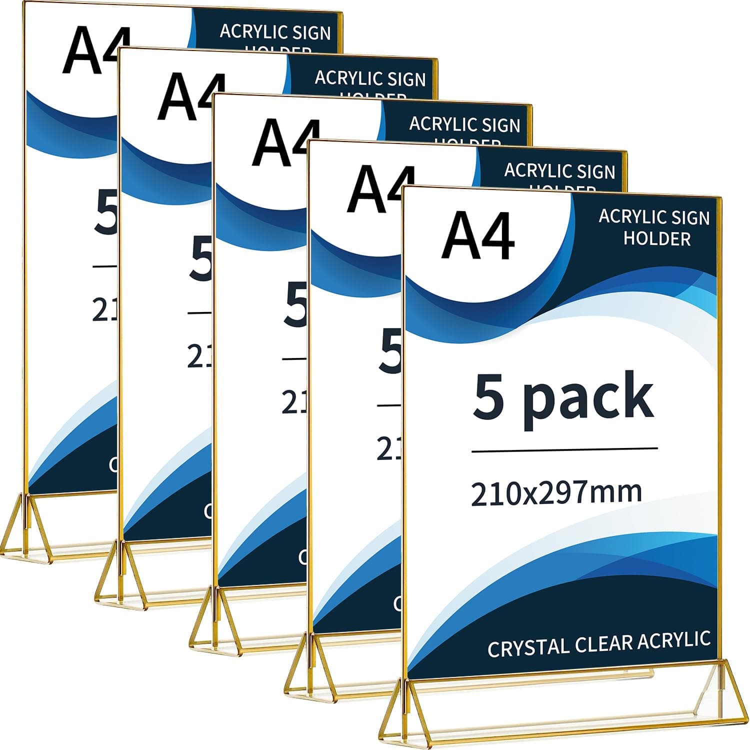 5pack A4 Golden Picture Frames Double Sided, Acrylic Table Number Holders With Gold Border,Ideal for Wedding Table numbers, Restaurant Signs,Photos Display,Menu Holder