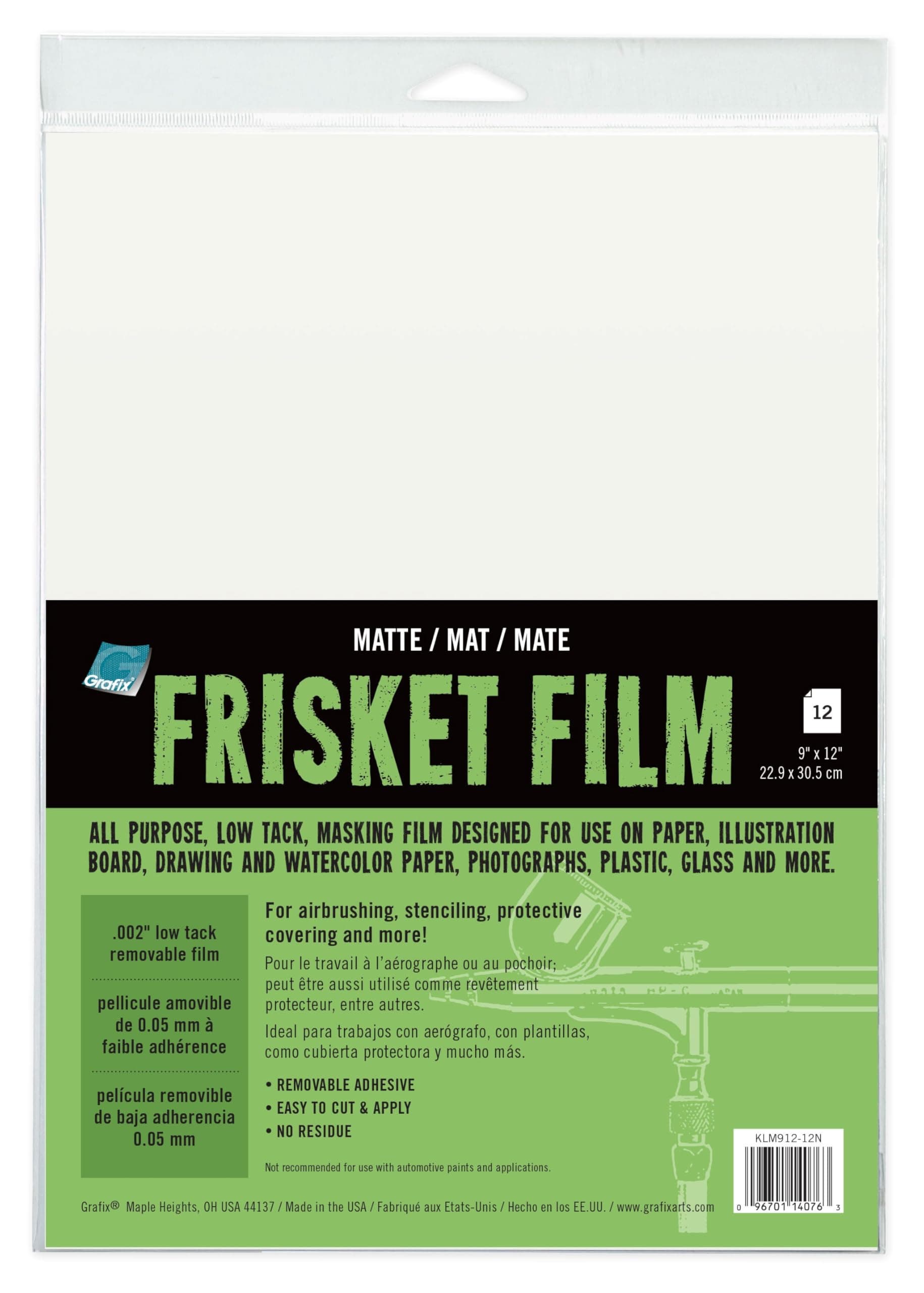 Grafix All Purpose Low Tack Frisket Film Self-Adhering Removeable Adhesive Sheets, for Airbrushing, Retouching, Stencils, Rubber Stamping, Watercolor, and Masking, 9 x 12, Matte, 12 Pack, 9" x 12"