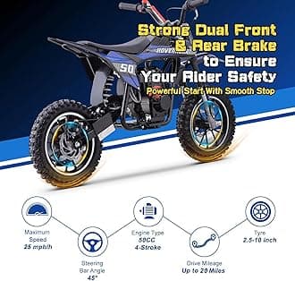 SUNDERWELL 50cc Mini Dirt Bike, 4-Stroke Kids Gas Bike with Front Fork, Shock Absorber and Soft Seat Cushion, Max Load 165Lbs, Pull Start Cooperate Disc Brakes and Up to 25mph (Blue)