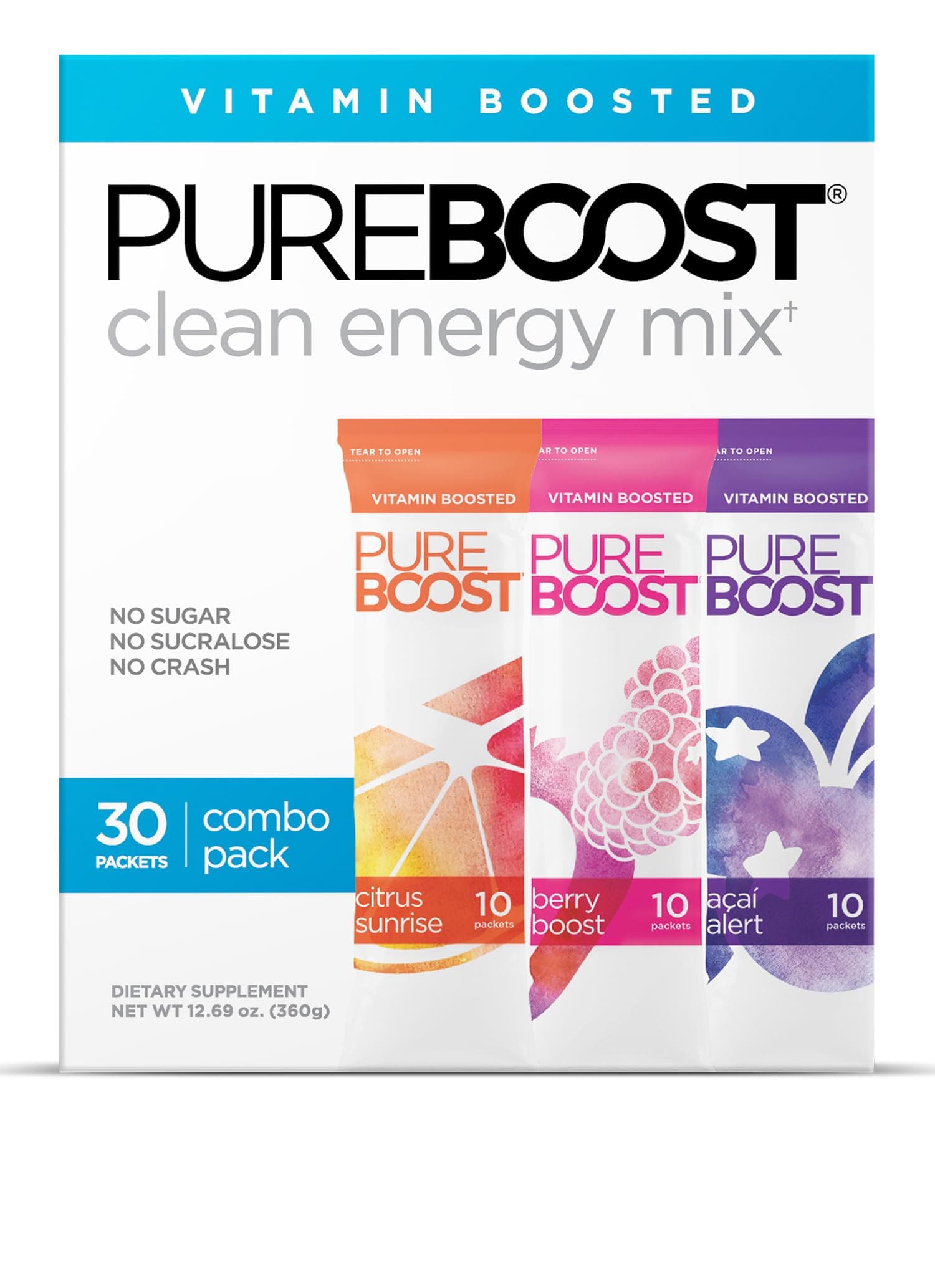 Sugar-Free Clean Energy Booster, Combo Pack 30 Count, Refreshing Energy Drink Mix with B12 Vitamins, Electrolytes, Antioxidants, No Sucralose