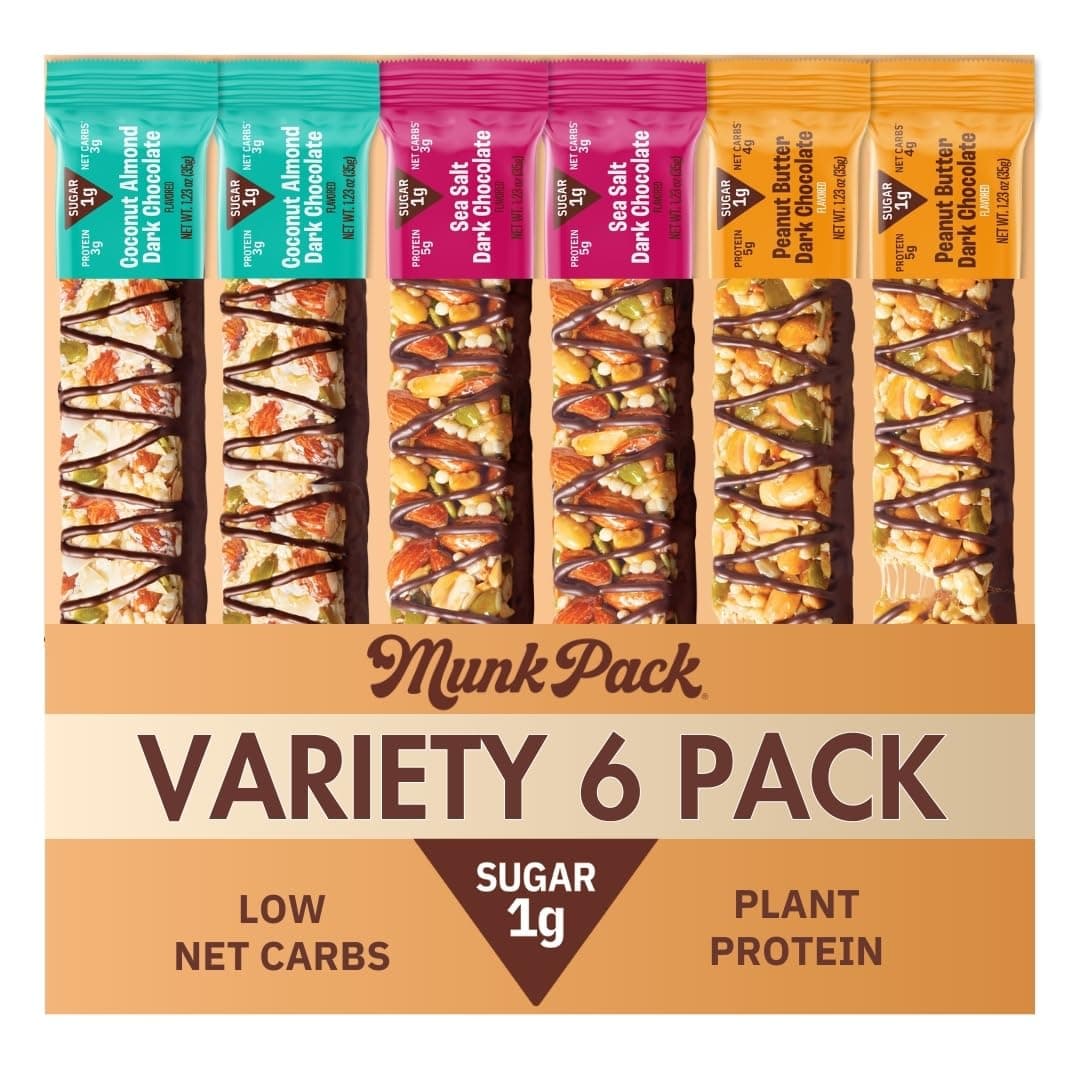 Munk Pack Fiber Nut Bars, Variety Pack Prebiotic Probiotic GLP-1 Snack, 5g Fiber, Gut Friendly Allulose, Plant Protein, Gluten Free, Keto, No Sugar Alcohol, 3g Net Carb, 6 Count