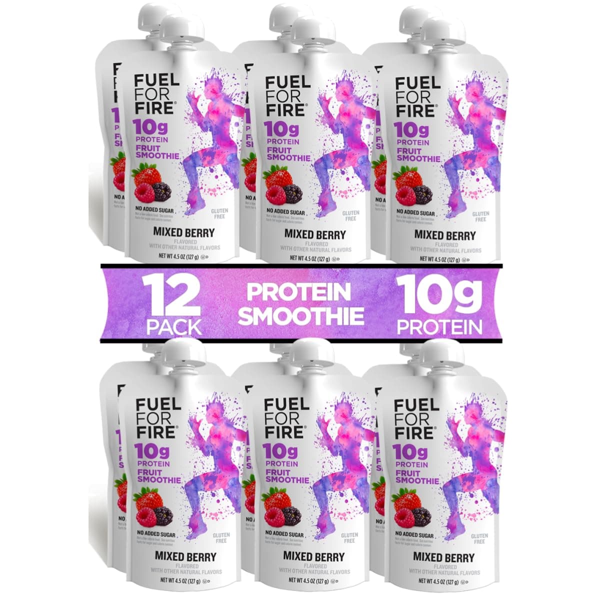 Fuel for Fire Protein Smoothie Pouch - Mixed Berry (12-Pack) | Healthy Snack & Recovery | No Sugar Added, Dietitian Approved | Functional Fruit Smoothies | Gluten Free, Kosher (4.5oz pouches)
