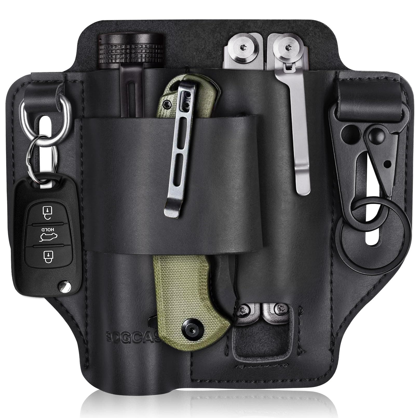 Leather EDC Belt Organizer, SOGCASE Multitool Sheath for Folded Knife, Flashlight, Pen, Keys (Black) Medium