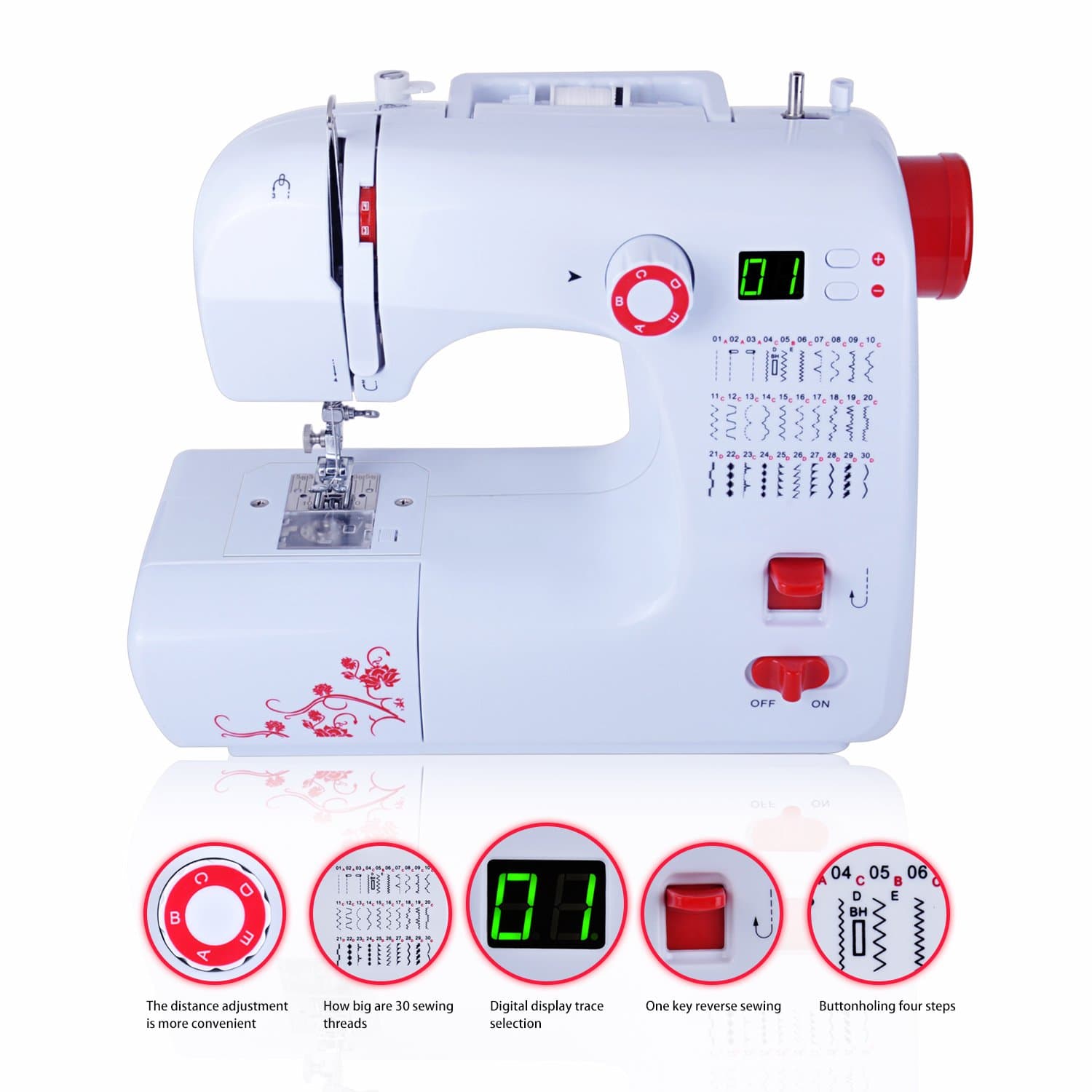 30 Stitches Domestic Sewing Machine, Metal Frame Microcomputerized LED Screen Display Handheld Household with Foot Pedal