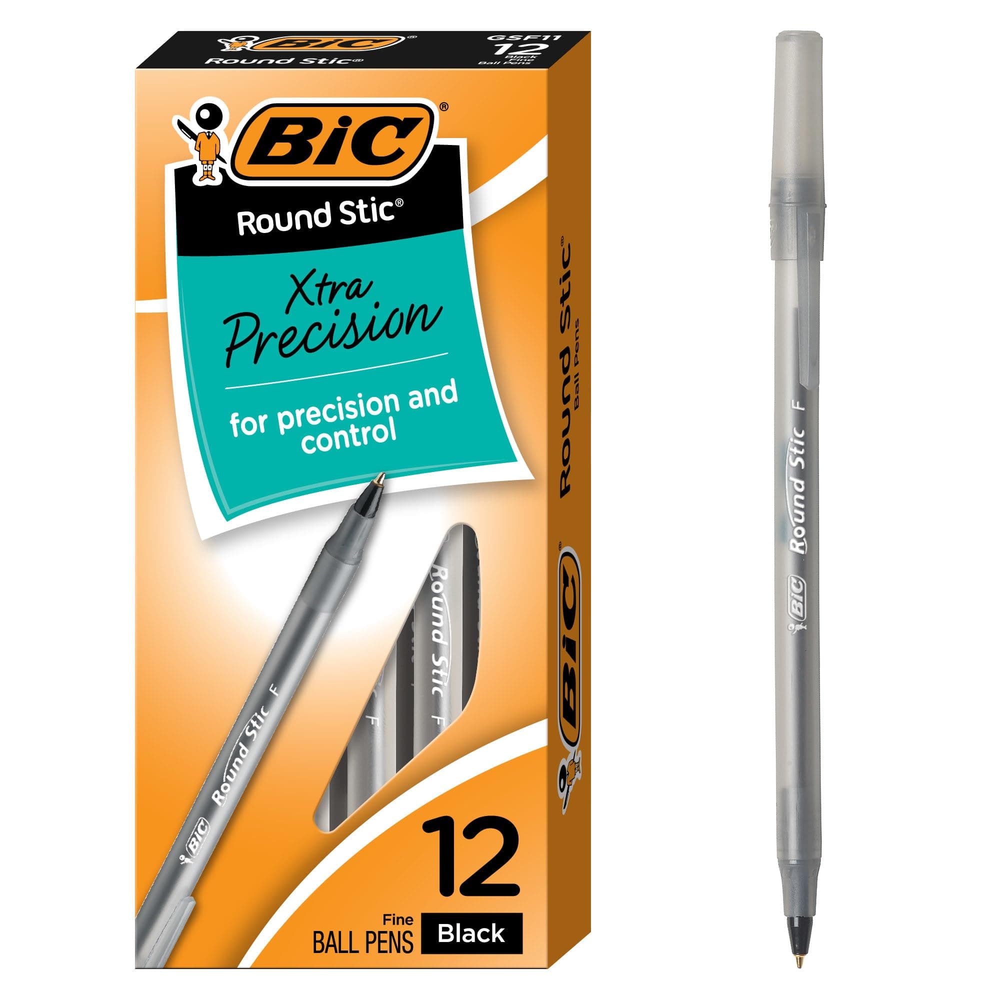 BIC Round Stic Xtra Precision Fine Black Ballpoint Pens, Medium Point (0.8 mm), 12-Count Pack, Excellent Writing Pens
