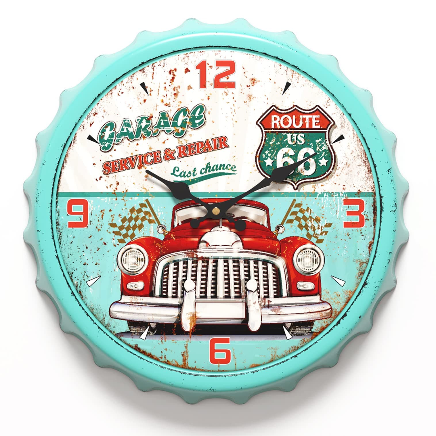 Menterry Bottle Cap Design Iron Retro Wall Clock, 13 inch Vintage Antique Style, Silent Battery Operated Decor Wall Clocks for Garage,Farmhouse,Office,Beer bar,Cafes,Kitchen,School (Green)