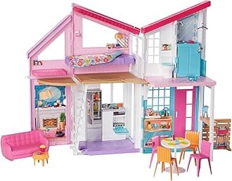 Barbie Malibu House 2-Story, 6-Room Dollhouse with Transformation Features, Plus 25+ Pieces Including Furniture, Patio Fence and Accessories, for Kids 3 Years Old and Up, FXG57