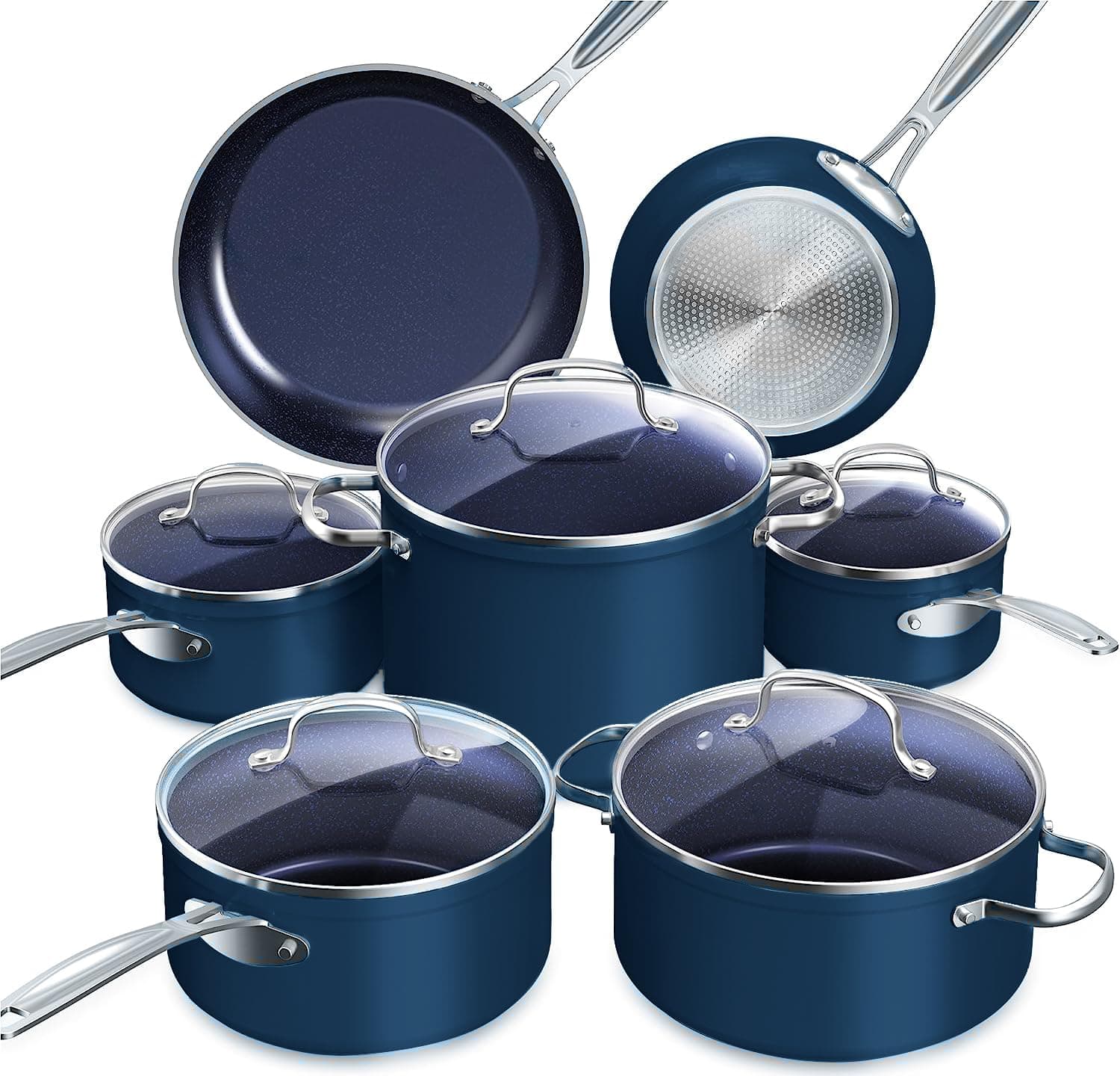 Healthy Duralon Blue Ceramic Nonstick 12pc Cookware Set,Diamond Infused Scratch-Resistant,PFAS Free,Dishwasher & Oven Safe,Induction Ready & Evenly Heats, Tempered Glass Lids, Stay-Cool Handles