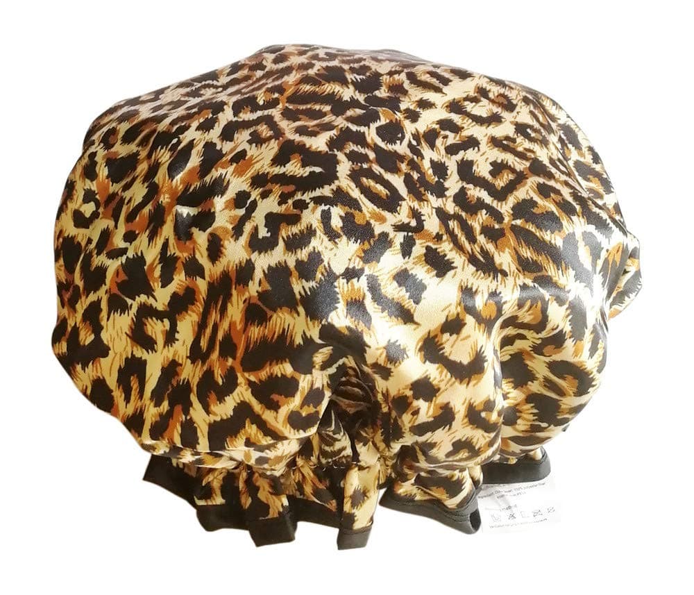 Shelley commerce Waterproof Double Layers Women's Shower Cap Reusable Bath Cap Bathing Hat (Leopard)