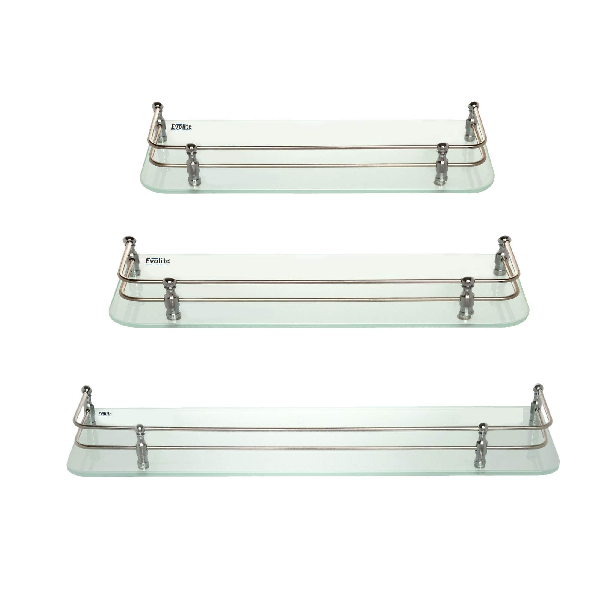 Evolite Premium Tempered Glass Shelf for Bathroom Corner Kitchen and Multi Purpose Glass Shelves Wall Mount Storage Accessories with Fitted Brackets-Glass (5x12-5x15-5x18 INCH Pack of 3)