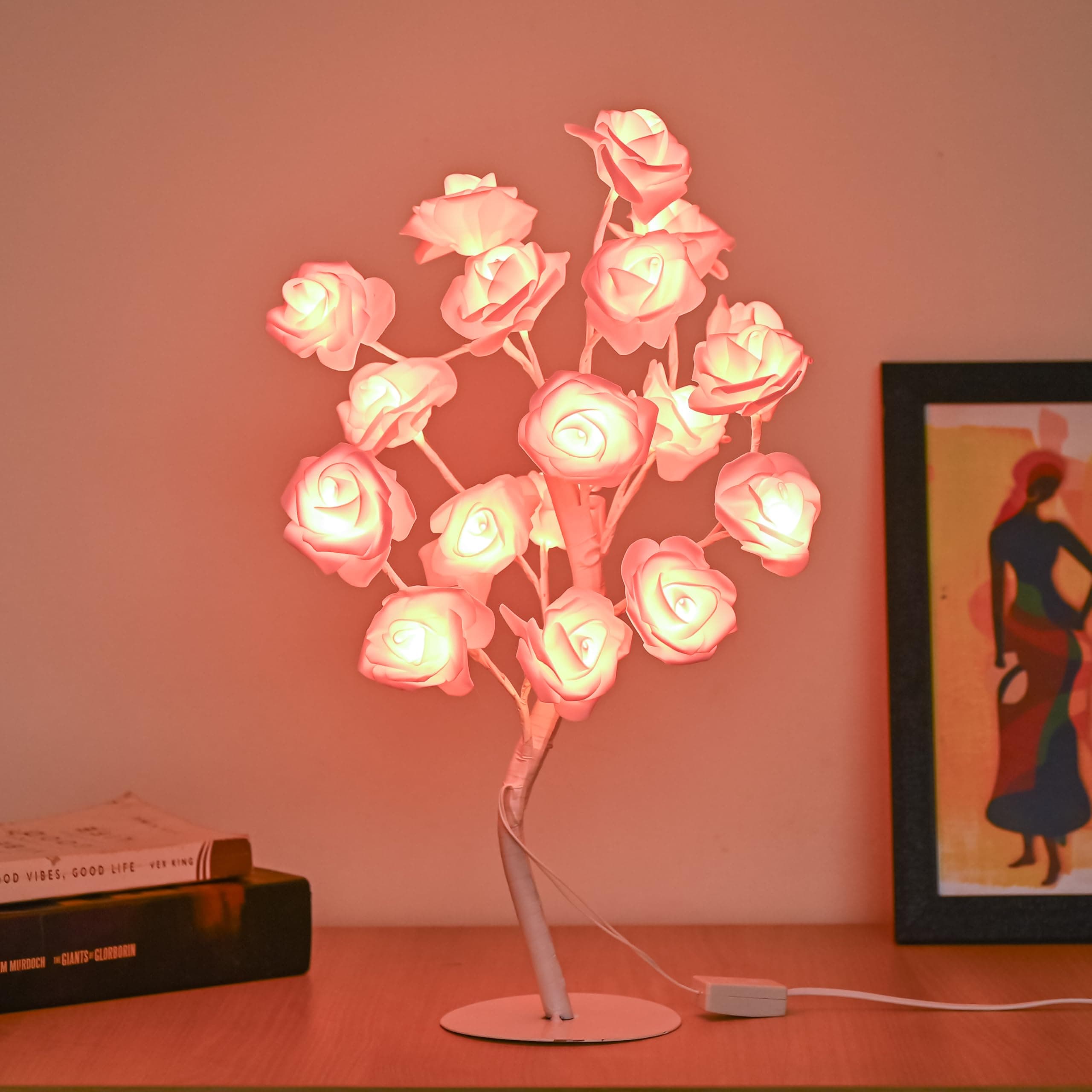 Decorative Light Tree, LED Tabletop Bonsai Tree, Artificial Rose Light Tree Lamp, 18 LED Rose Lamp, Rose Flower Tree USB Operated Shimmer Tree for Night Light, Diwali Home Decoration- Pink