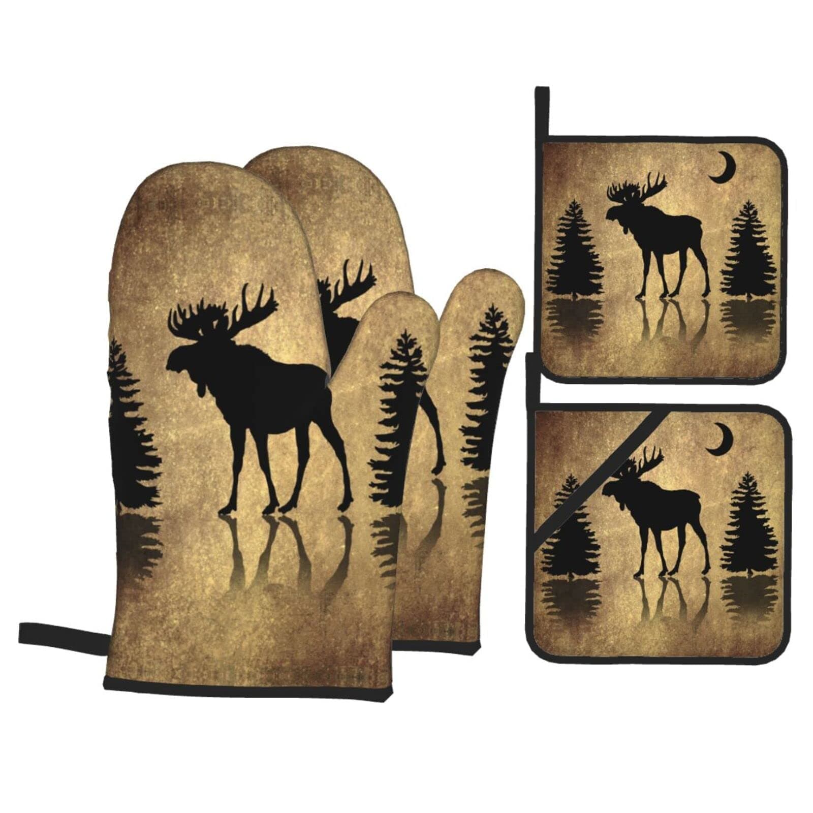 Rustic Elk Moose Deer Forest Pine Tree Moon Design Oven Mitts and Pot Holders Sets of 4 Vintage Animal Heat Resistant Gloves Set Potholders for Kitchen Grilling Non-Slip, 7.2x11in+8x8in