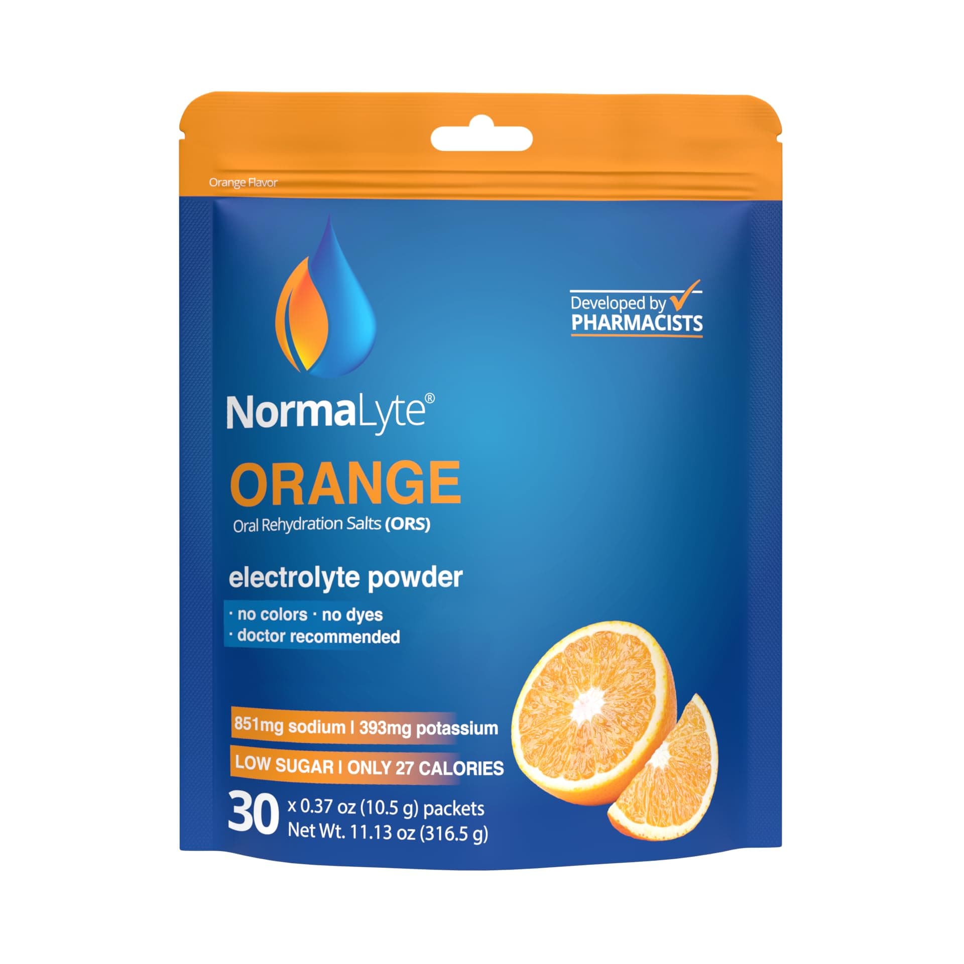 NormaLyte Orange - Electrolyte Powder Packets | Clinically Studied Electrolyte Drink Mix | 30 Count Effective Hydration Sticks