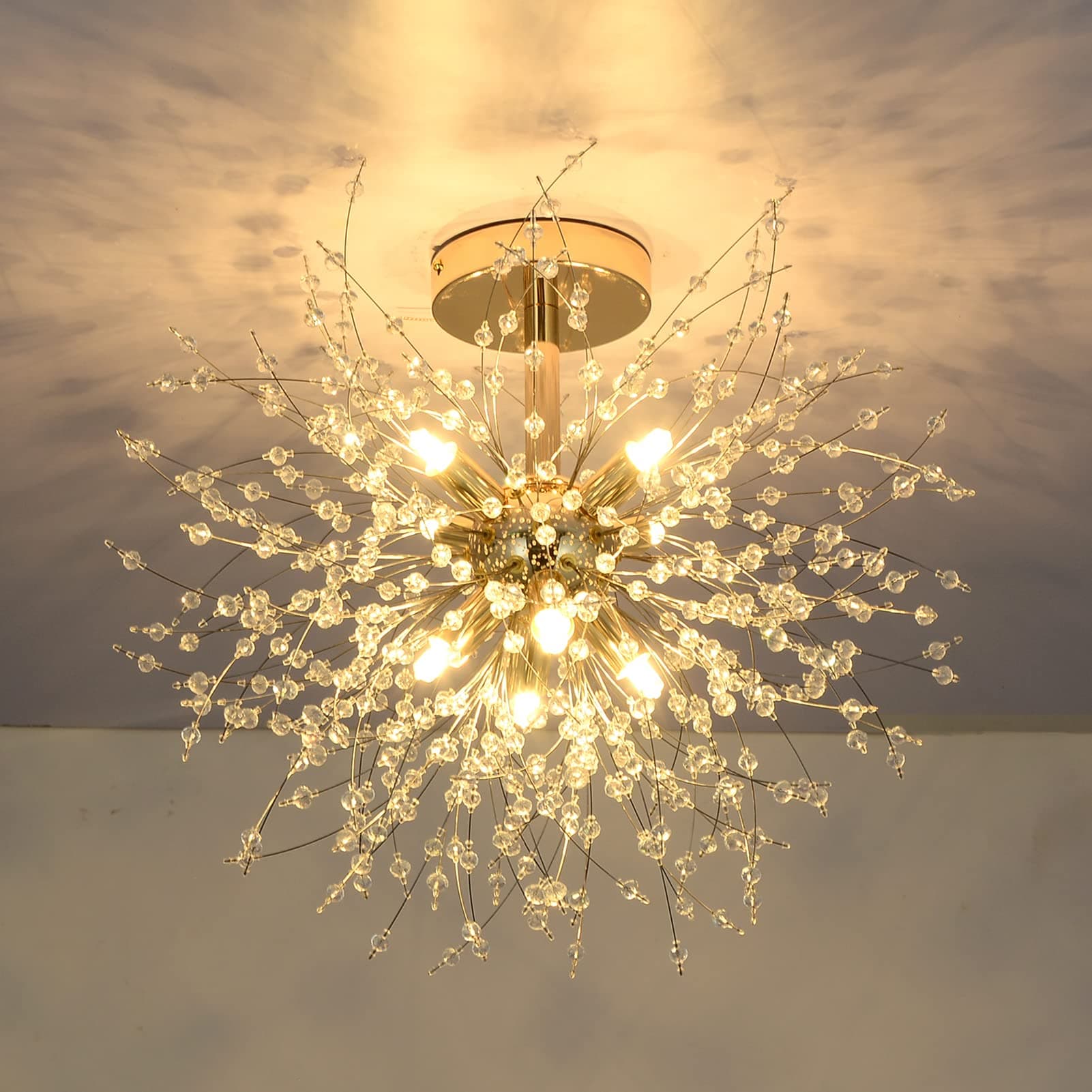 Rayofly Modern Crystal Chandeliers Ceiling Light, Firework Ceiling Lights, Gold, K9 Crystals Fireworks Pendant Lights, Metal, Chandeliers for Living Room, Bedroom, Dining Room, Hallway, Kitchen, 8 G9