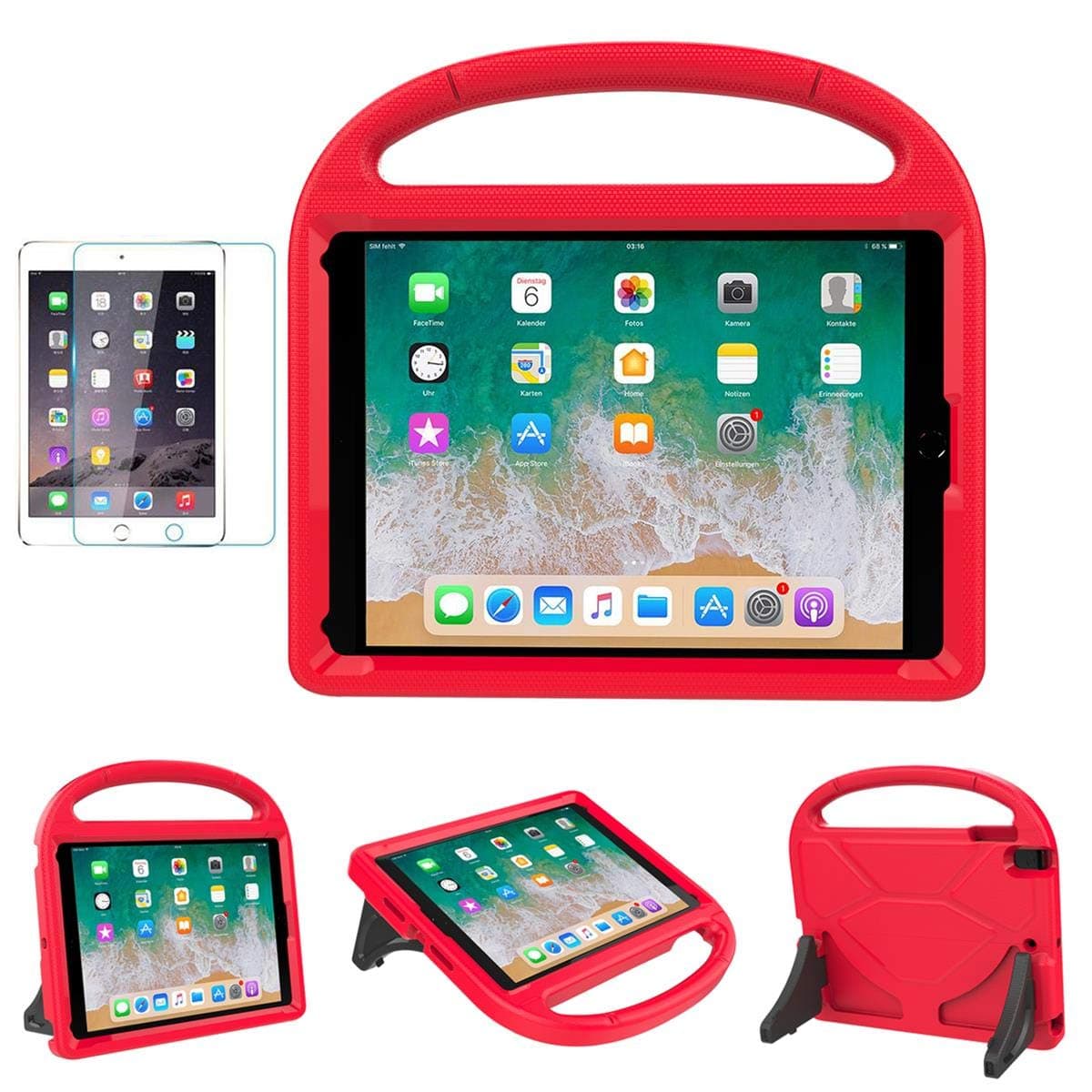 Kids Case for iPad 5th/6th Generation (9.7-inch, 2017/2018), iPad Air 2 Case with Screen Protector, iPad Pro 9.7 Durable Shockproof Protective Cover with Handle Stand for Kids, Red