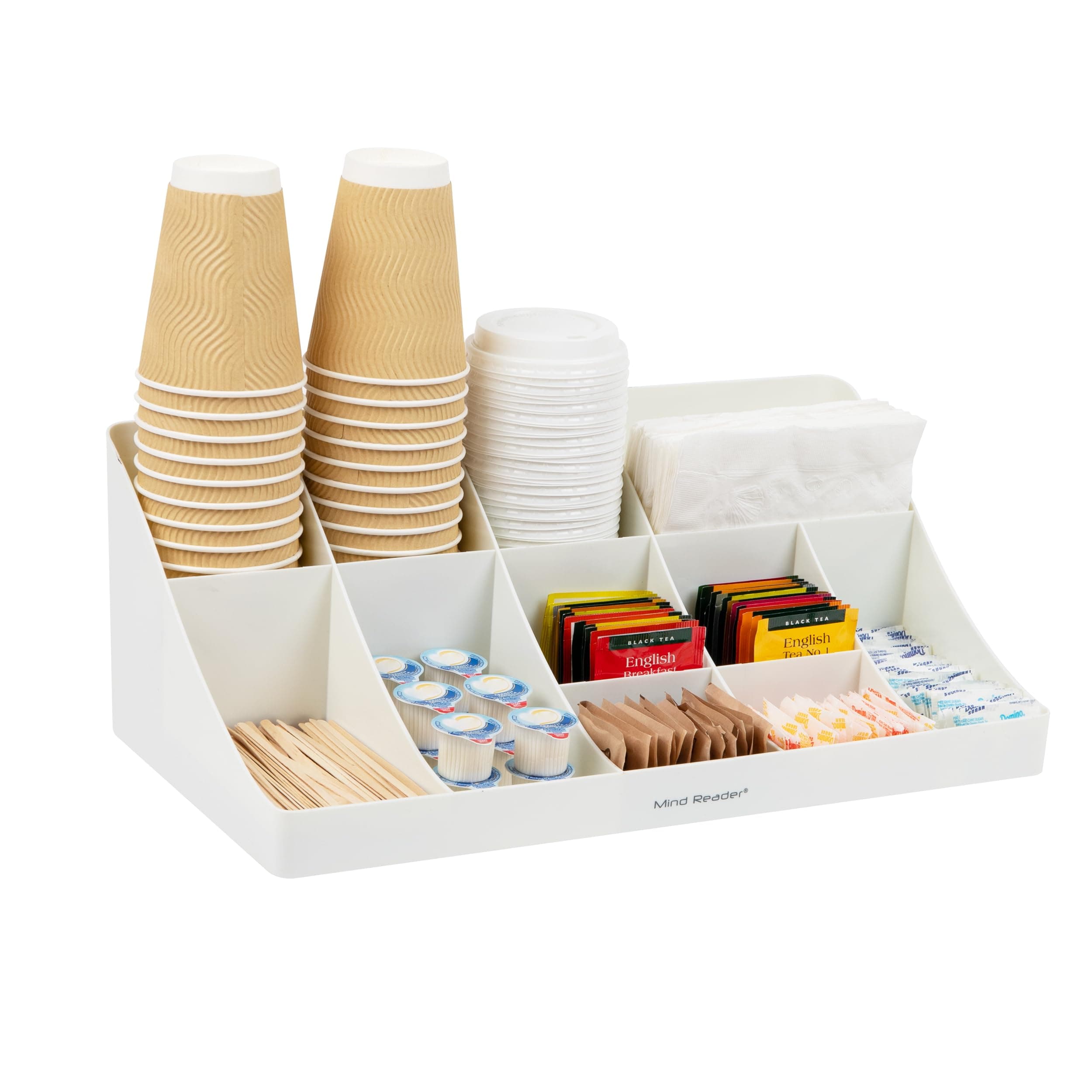 Mind Reader COMORG-WHT Station, Coffee Bar 11-Compartment, 2-Tier Cup and Condiment Countertop Organizer, 17.875" L x 9.5" W x 6.625" H, Plastic, White