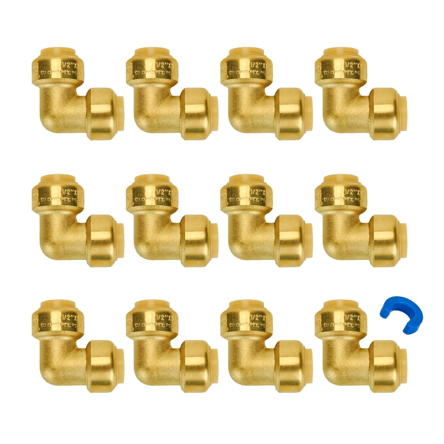 - SUNGATOR 1/2 Inch 90 Degree Elbow, Push Pex Elbow 1/2 Inch, No Lead Brass Push-to-Connect Plumbing Fittings for PEX Pipe, Copper, CPVC, with 1 Disconnect Clip, Pack of 12